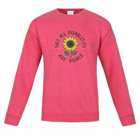 Pink core fleece crewneck sweatshirt with sunflower and "Not all disabilities are visible" text design