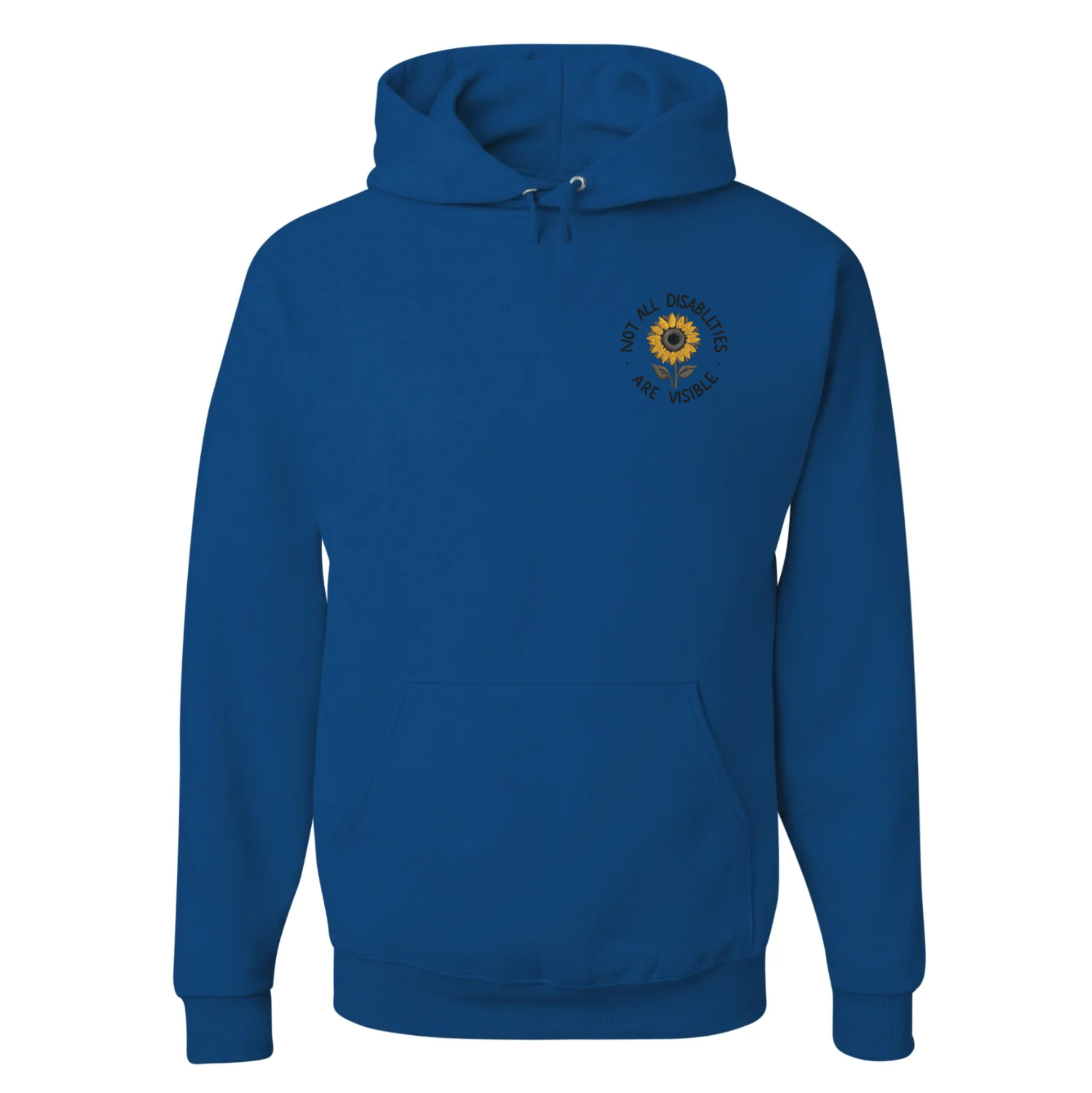 Blue NuBlend hooded sweatshirt with invisible disabilities awareness sunflower design on chest